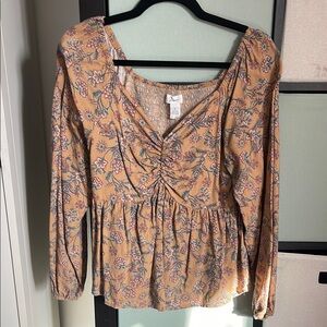 Orange Pink Ruched Peplum Blouse